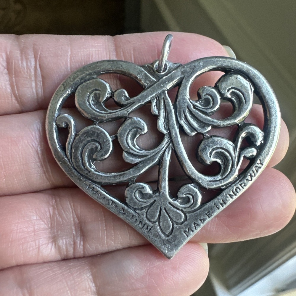 Havstad Tinn Norwegian Heart Pendant Holidary Ornament‎ 1.8 Inch Pewter Signed